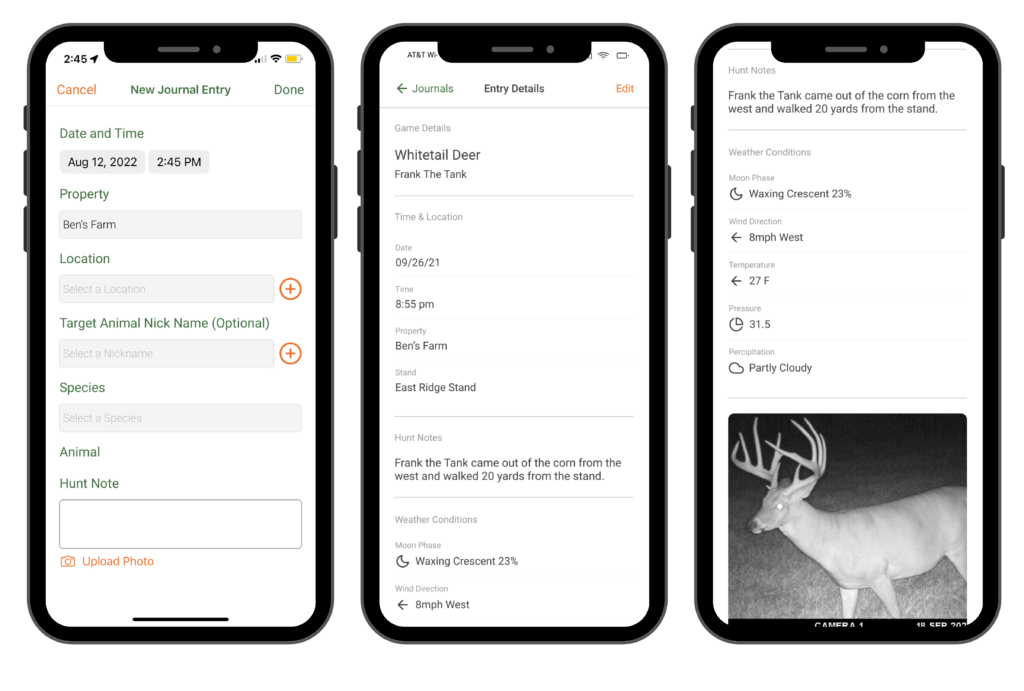 HuntRegs journal feature screens with photo and weather details